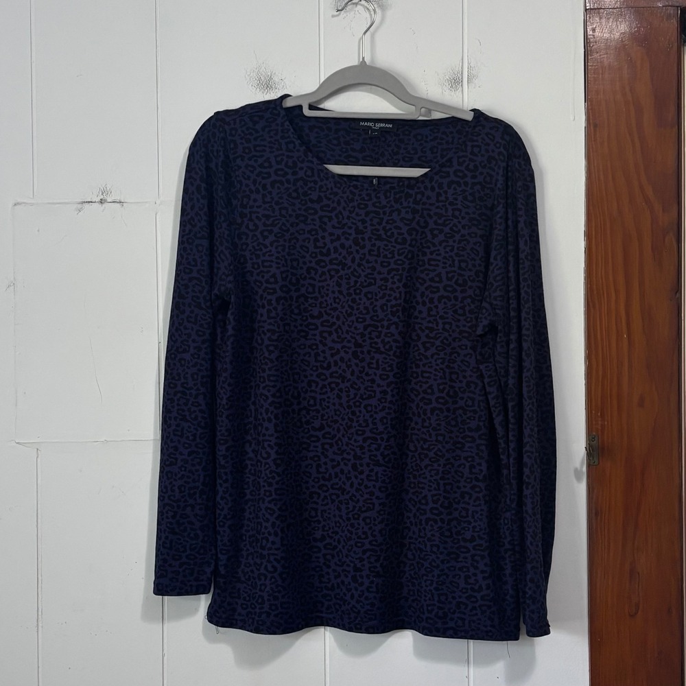 Mario Serrani Purple Black Leopard Print Long Sleeve Top Large